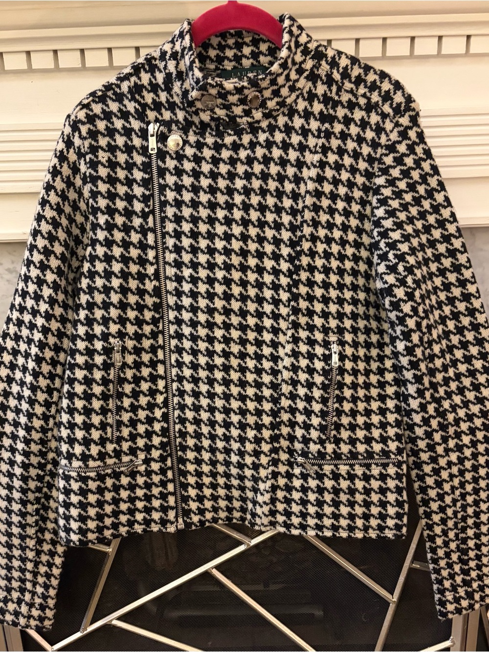 Lauren Ralph Lauren Black and White Houndstooth Knit Cardigan